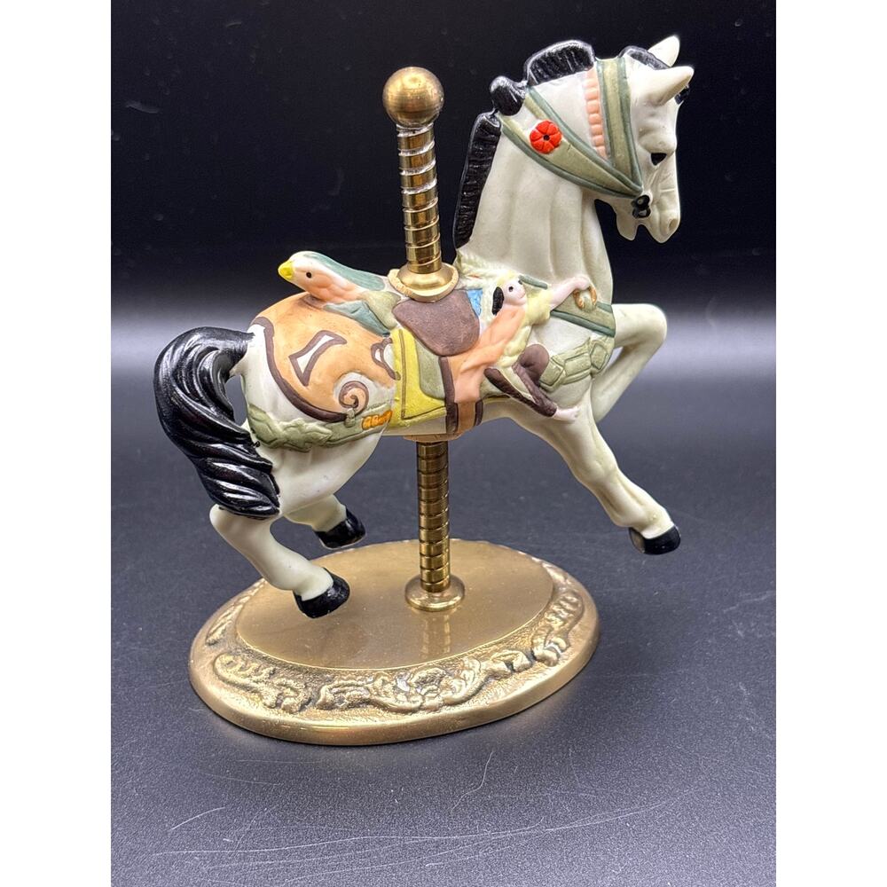 Vintage 1980s Hand Painted Porcelain Carousel Horse Brass Pole Decorative Base